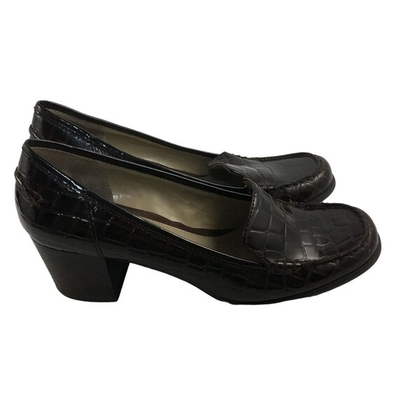 BANDOLINO DARK BROWN LEATHER CROC EMBOSSED CHUNKY HEEL LOAFERS WOMENS 8.5 - Picture 3 of 8